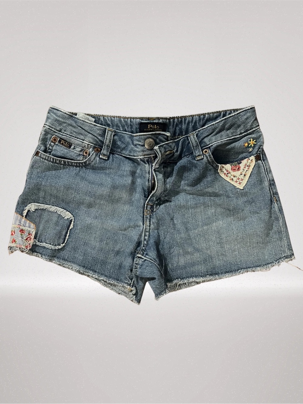 Polo by Ralph Lauren Light Blue Denim Patch Shorts with Floral Accents